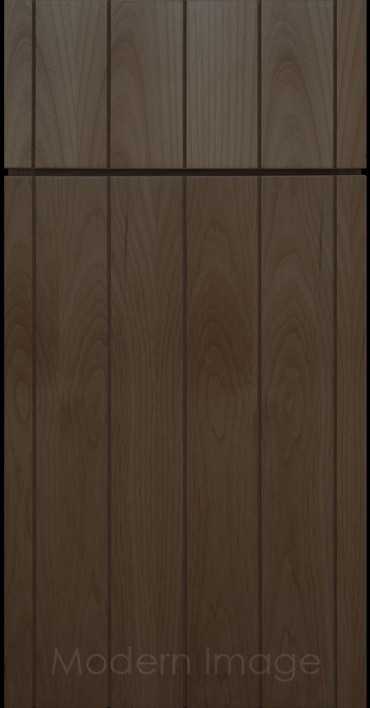 Front view of a Brooklyn style Grooved Flat Panel Cabinet Door and Drawer finished in Beachwood Stain.